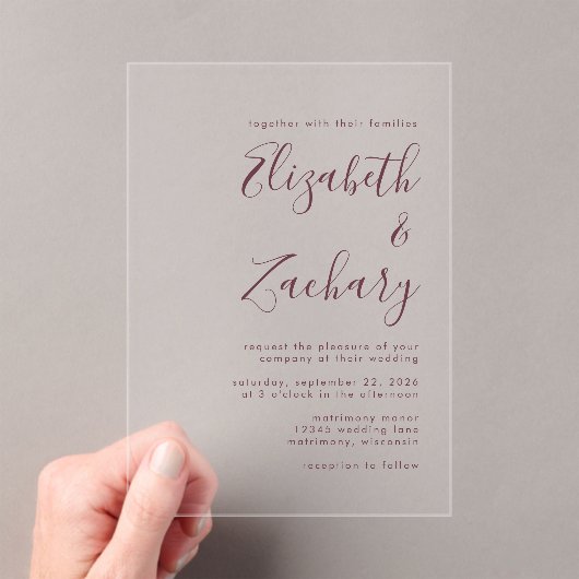 Moderne Minimal Burgundy Script Wedding Acryleinladungen (Insitu (Handheld))