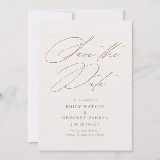 Moderne Minimal Calligrafy Gold Hochzeit Save The Date (Vorderseite)