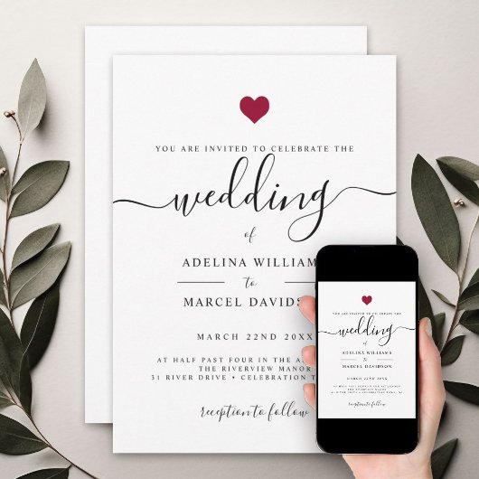 Moderne Minimal Calligrafy Red Heart Wedding Einladung