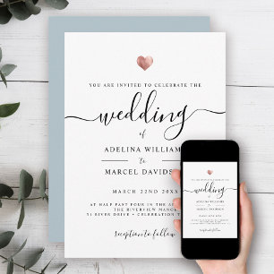 Moderne Minimal Calligrafy Rose Gold Heart Wedding Einladung