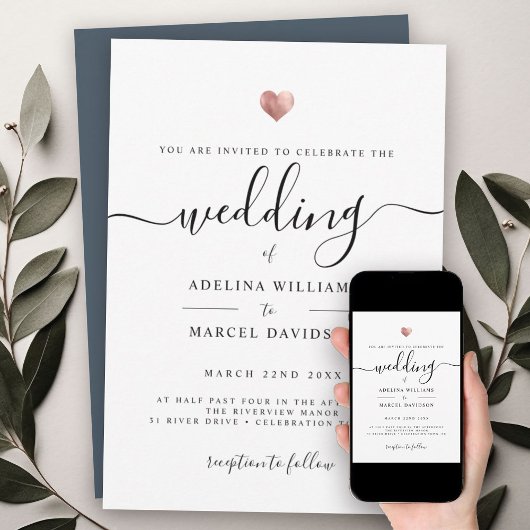 Moderne Minimal Calligrafy Rose Gold Heart Wedding Einladung