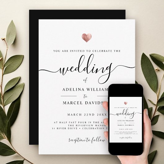 Moderne Minimal Calligrafy Rose Gold Heart Wedding Einladung