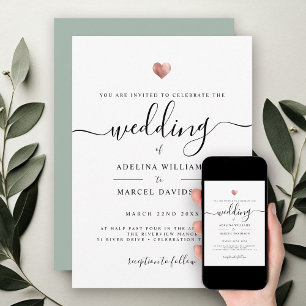 Moderne Minimal Calligrafy Rose Gold Heart Wedding Einladung