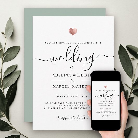 Moderne Minimal Calligrafy Rose Gold Heart Wedding Einladung