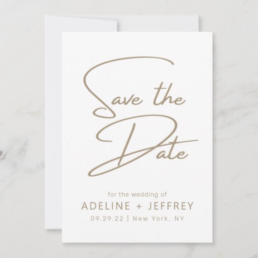 Moderne Minimal Calligraphie White Gold Hochzeit Save The Date (Vorderseite)