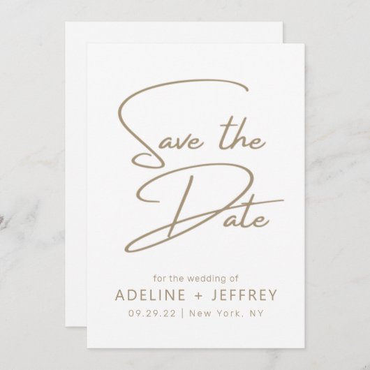 Moderne Minimal Calligraphie White Gold Hochzeit Save The Date (Vorne/Hinten)