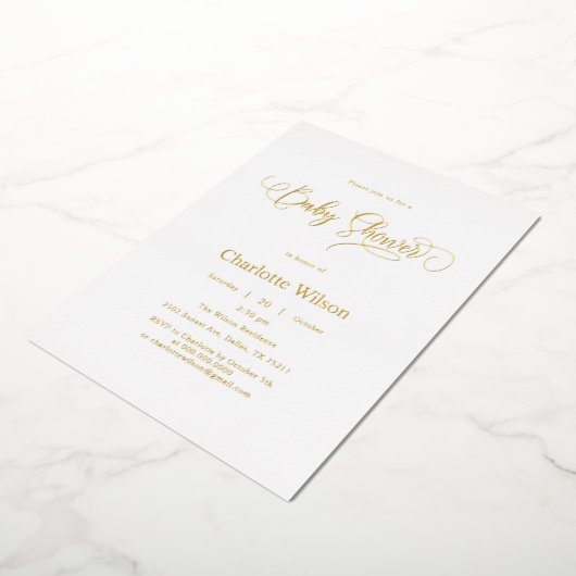 Moderne Minimal Calligraphy Baby Boy Dusche Folieneinladung (Gedreht)