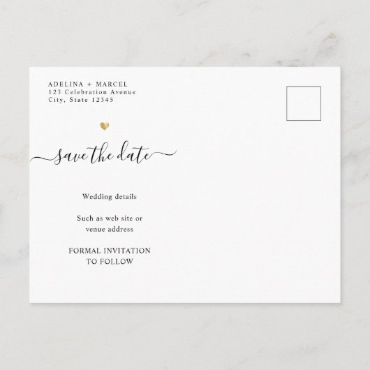 Moderne Minimal Calligraphy Chic Gold Save the Dat Ankündigungspostkarte (Rückseite)