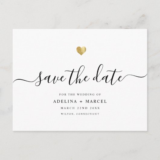 Moderne Minimal Calligraphy Chic Gold Save the Dat Ankündigungspostkarte (Vorderseite)