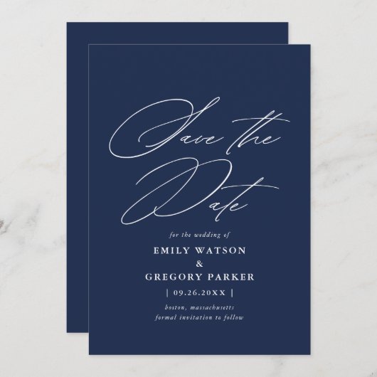 Moderne Minimal Calligraphy Navy Blue Wedding Save The Date (Vorne/Hinten)