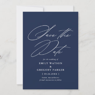 Moderne Minimal Calligraphy Navy Blue Wedding Save The Date