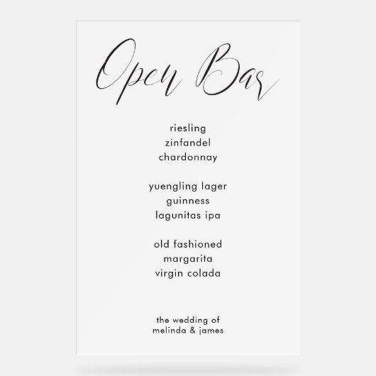 Moderne Minimal Calligraphy White Bar Menu Wedding Acrylschild (Vorderseite)
