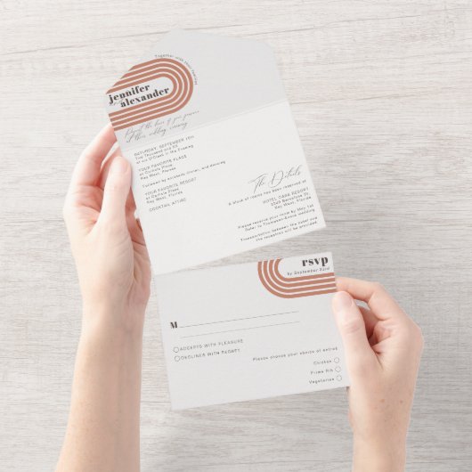 Moderne Minimal Chic Terracotta Rost Hochzeit All In One Einladung (Abreißtisch)