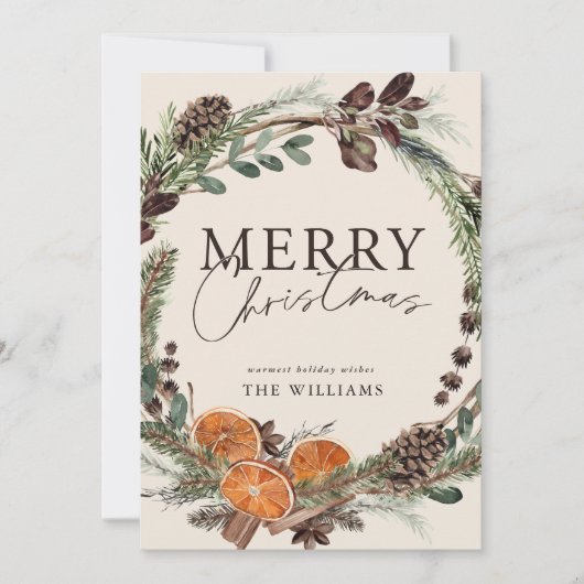 Moderne Minimal Citrus Wreath Script Weihnachten (Vorderseite)