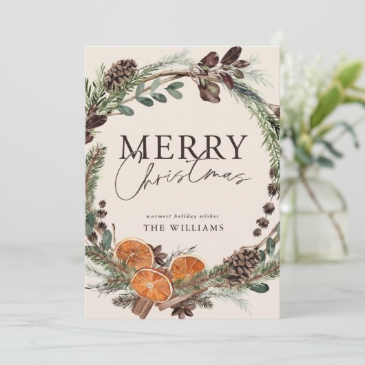 Moderne Minimal Citrus Wreath Script Weihnachten (Stehend Vorderseite)