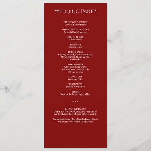 Moderne Minimal Crimson Red Wedding Zeremonie Programm (Rückseite)