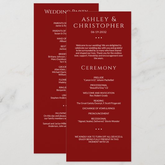 Moderne Minimal Crimson Red Wedding Zeremonie Programm (Vorne/Hinten)