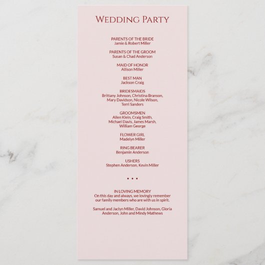 Moderne Minimal Crimson & Rose Hochzeit Programm (Rückseite)