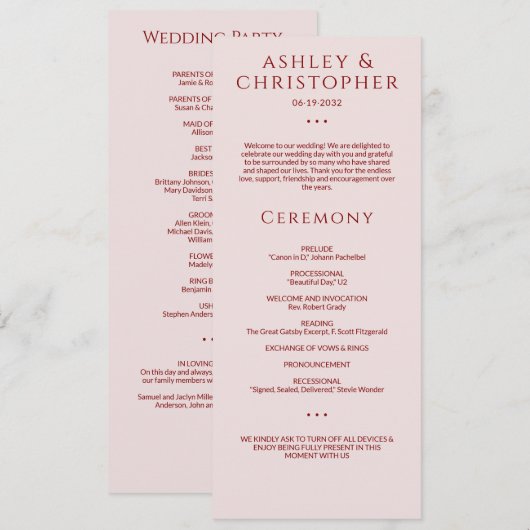 Moderne Minimal Crimson & Rose Hochzeit Programm (Vorne/Hinten)