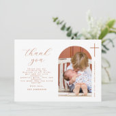 Moderne Minimal Cross Foto Taufe Dankeskarte (Stehend Vorderseite)