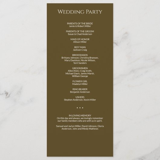 Moderne Minimal Dark Bronze Hochzeit Programm (Rückseite)