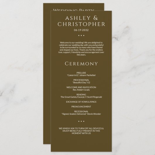 Moderne Minimal Dark Bronze Hochzeit Programm (Vorne/Hinten)