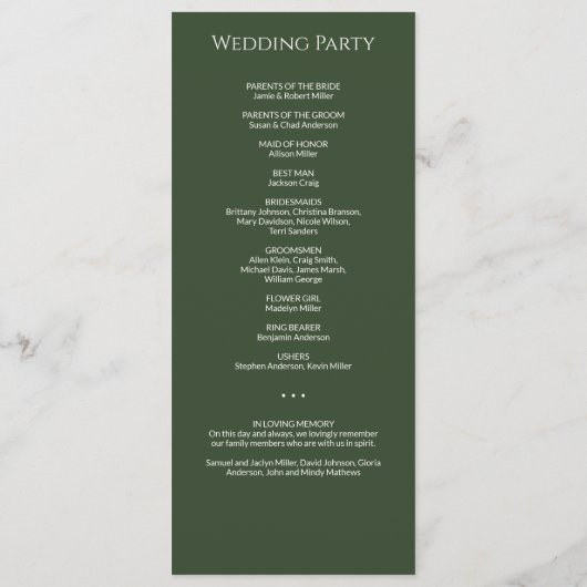 Moderne Minimal Dark Moss Grüne Hochzeit Programm (Rückseite)