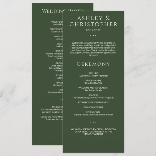 Moderne Minimal Dark Moss Grüne Hochzeit Programm (Vorne/Hinten)