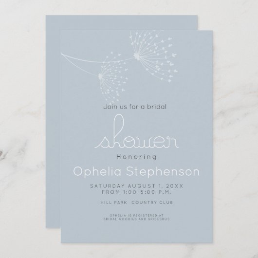 Moderne Minimal Doodle Blume Dusty Blau und Weiß Einladung (Vorne/Hinten)