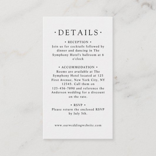 Moderne Minimal Doves & Script Hochzeitsdetails Begleitkarte (Vorderseite)