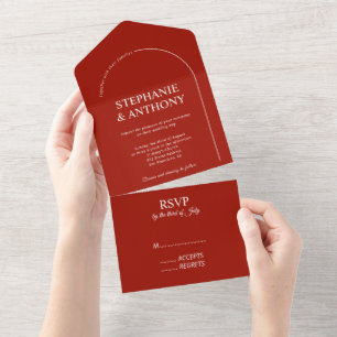 Moderne Minimal Dunkelrot mit Bogenhochzeit    All In One Einladung