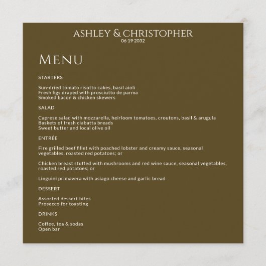 Moderne Minimal Dunkle Bronze Hochzeitsempfehlung Menükarte (Vorderseite)