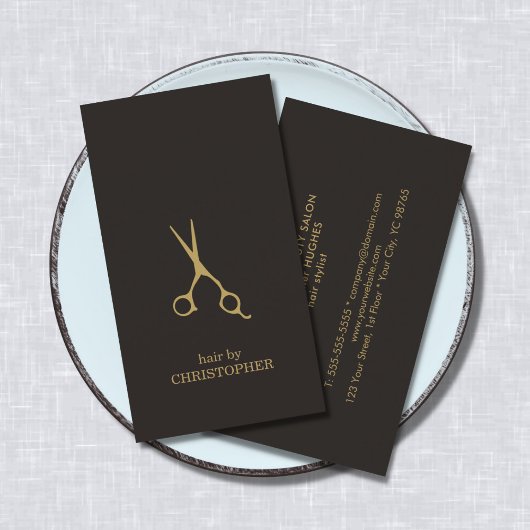Moderne Minimal Dunkle Imitate Gold Haare Stylist Visitenkarte