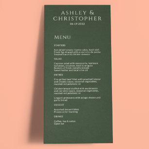 Moderne Minimal dunkle Moos Grüne Hochzeitsempfehl Menükarte