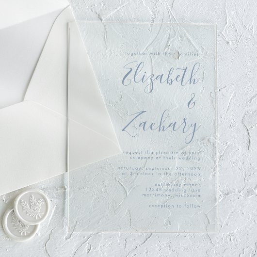 Moderne Minimal Dusty Blue Script Wedding Acryleinladungen