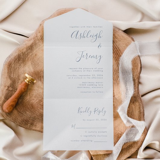 Moderne Minimal Dusty Blue Script Wedding All In One Einladung