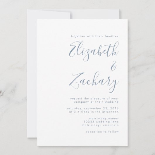 Moderne Minimal Dusty Blue Script Wedding Einladung (Vorderseite)