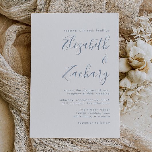 Moderne Minimal Dusty Blue Script Wedding Einladung