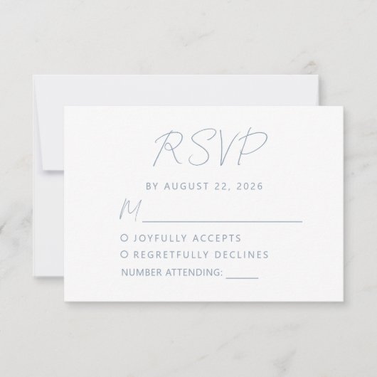 Moderne Minimal Dusty Blue Script Wedding RSVP Karte (Vorderseite)