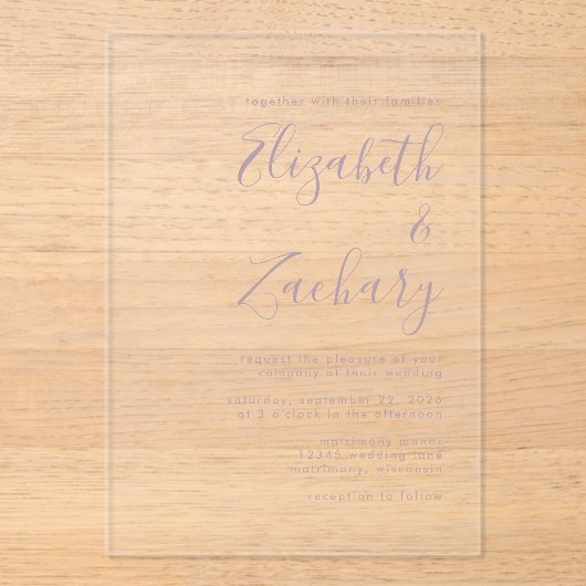 Moderne Minimal Dusty Lavender Script Wedding Acryleinladungen (Vorderseite)