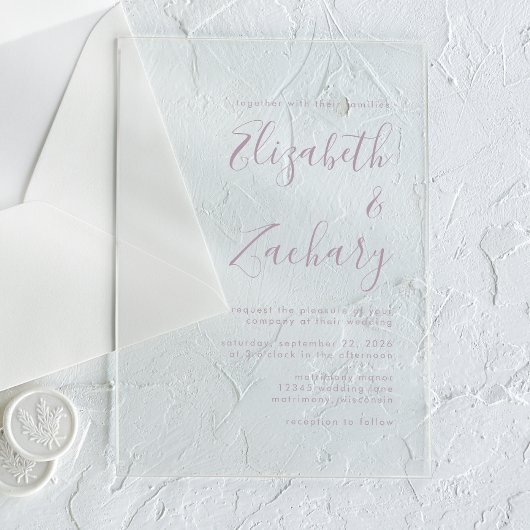 Moderne Minimal Dusty Lavender Script Wedding Acryleinladungen