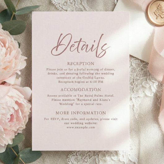 Moderne Minimal Dusty Pink Script Hochzeitsdetails Begleitkarte