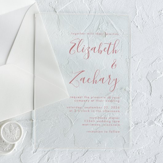 Moderne Minimal Dusty Rose Script Wedding Acryleinladungen