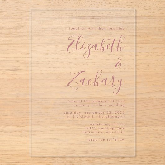 Moderne Minimal Dusty Rose Script Wedding Acryleinladungen (Vorderseite)