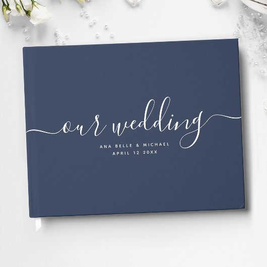Moderne Minimal Elegante schicke blaue Hochzeit de Gästebuch