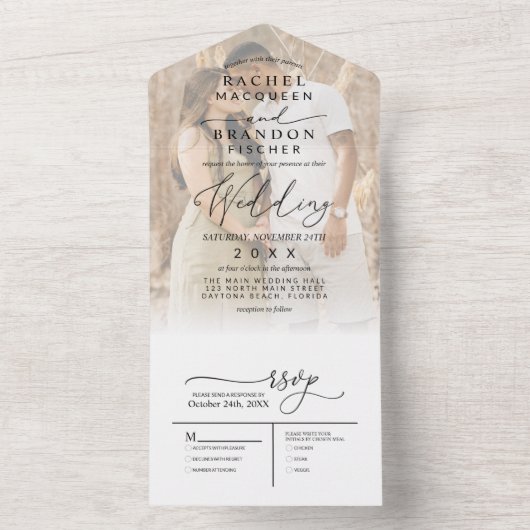 Moderne Minimal Elegantes Schwarz-weißes Foto Hoch All In One Einladung (Innen Boden)