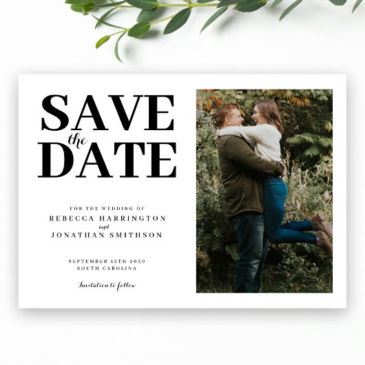 Moderne Minimal Elegantes Schwarz-weißes Foto Hoch Save The Date