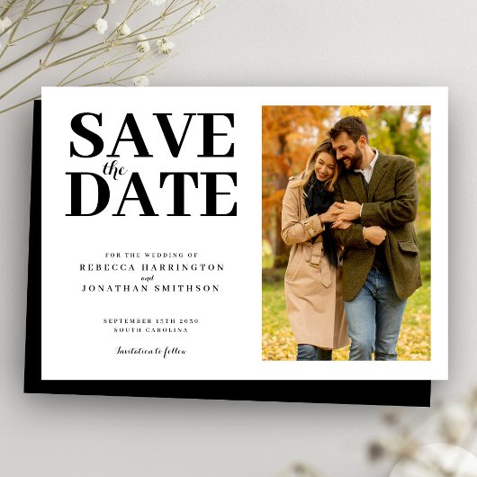 Moderne Minimal Elegantes Schwarz-weißes Foto Hoch Save The Date