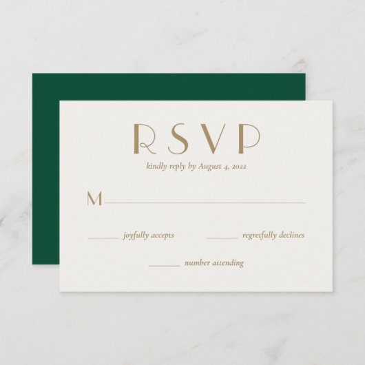 Moderne Minimal Emerald Green Gold Hochzeit RSVP Karte (Vorne/Hinten)