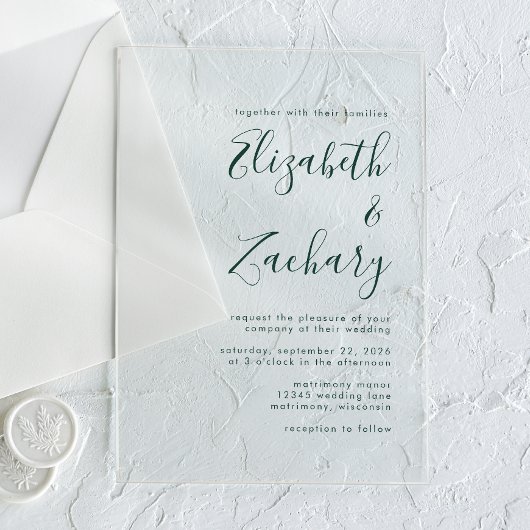 Moderne Minimal Emerald Green Script Wedding Acryleinladungen